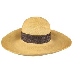 Vintage HERMES Tan & Brown Straw Wide Brm Beach Sun Hat