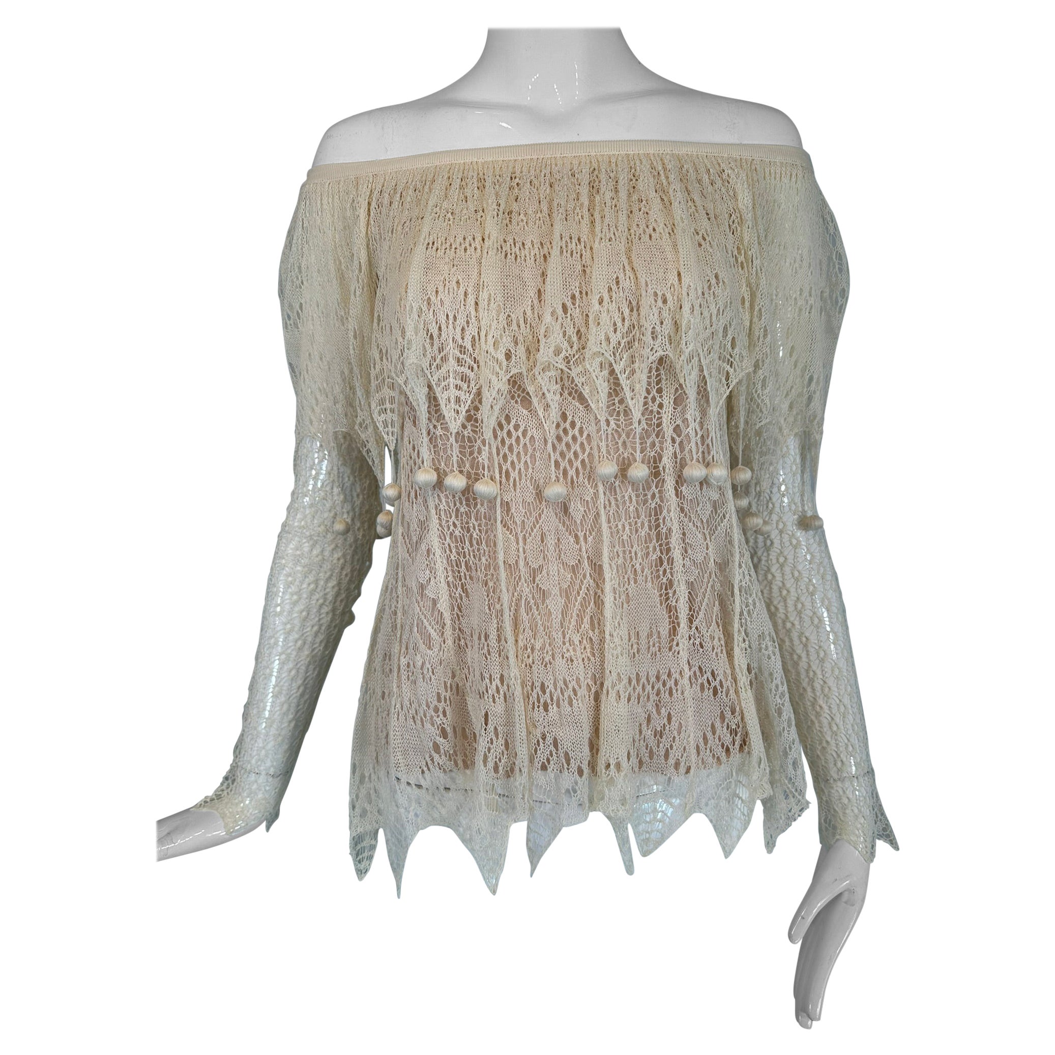Alexander McQueen Ivory Silk Knit Lace Off The Shoulder Ball Drape Neck Top NWT