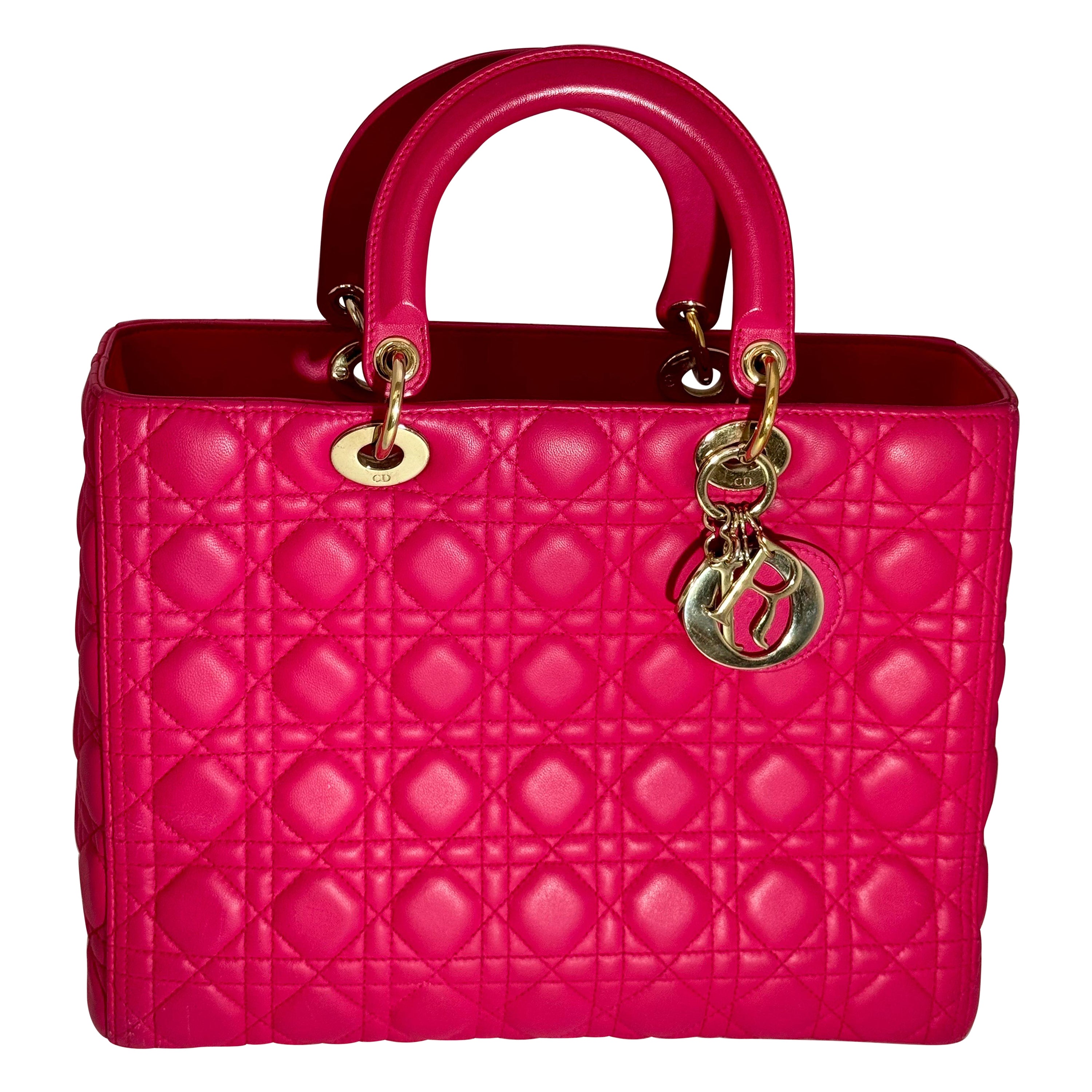 Christian Dior Lady Dior Large Lambskin Hot Pink / Fuschia Handbag, Excellent