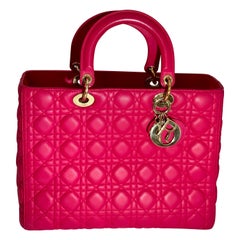 Christian Dior Lady Dior Bolso Grande de Piel de Cordero Rosa Caliente / Fuschia, Excelente