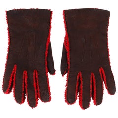 CHANEL Brown Suede Leather Red Boucle Wool Lined Leather Gloves