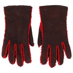 CHANEL Brown Suede Leather Red Boucle Wool Lined Leather Gloves 5