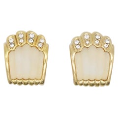 Christian Dior Vintage 1980s White Jelly Belly Shell Crystals Clip On Earrings
