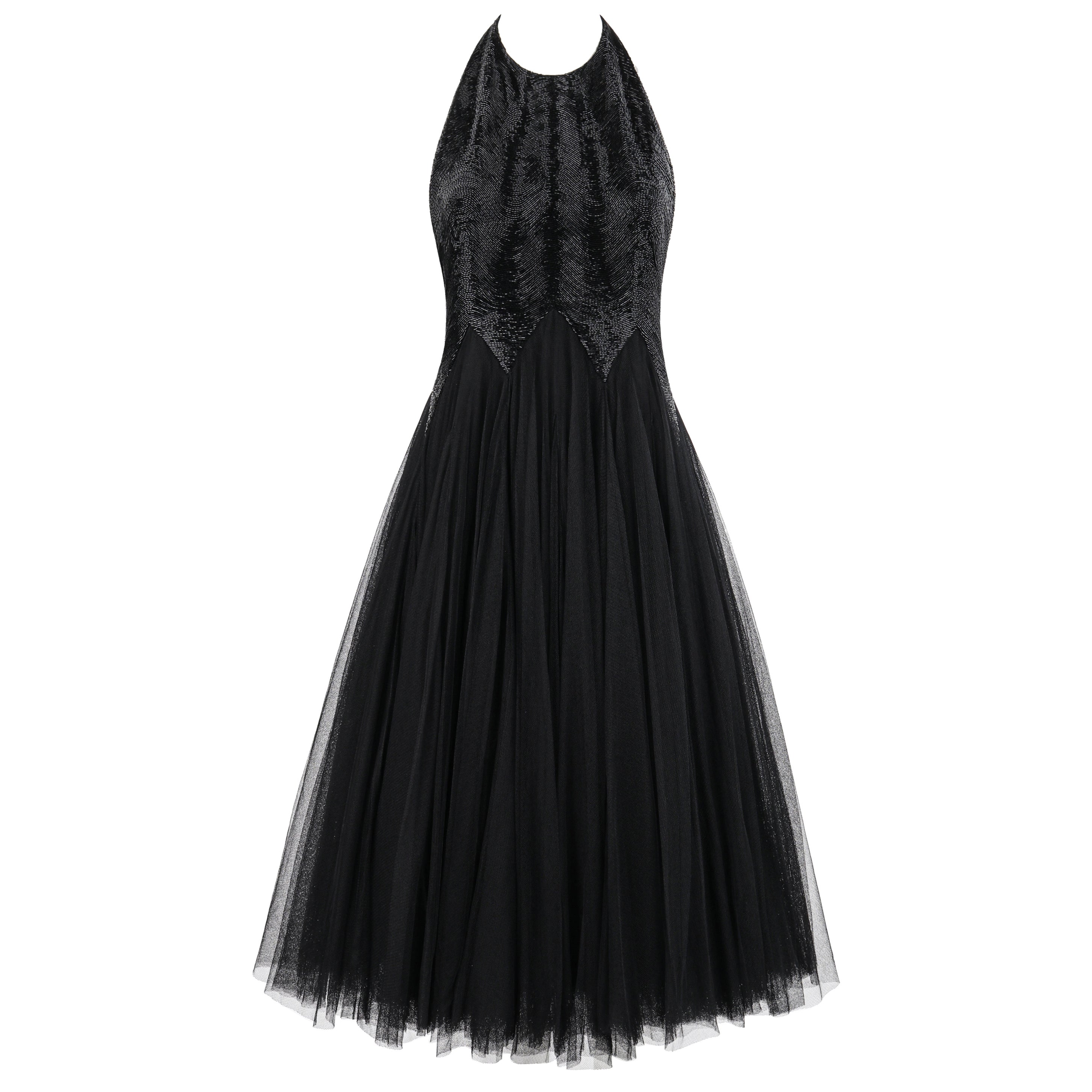 ALEXANDER McQUEEN F/W 2007 Schwarzes mehrlagiges Netz-Tüll-Kleid mit offenem Rücken und Perlenhaltern im Angebot