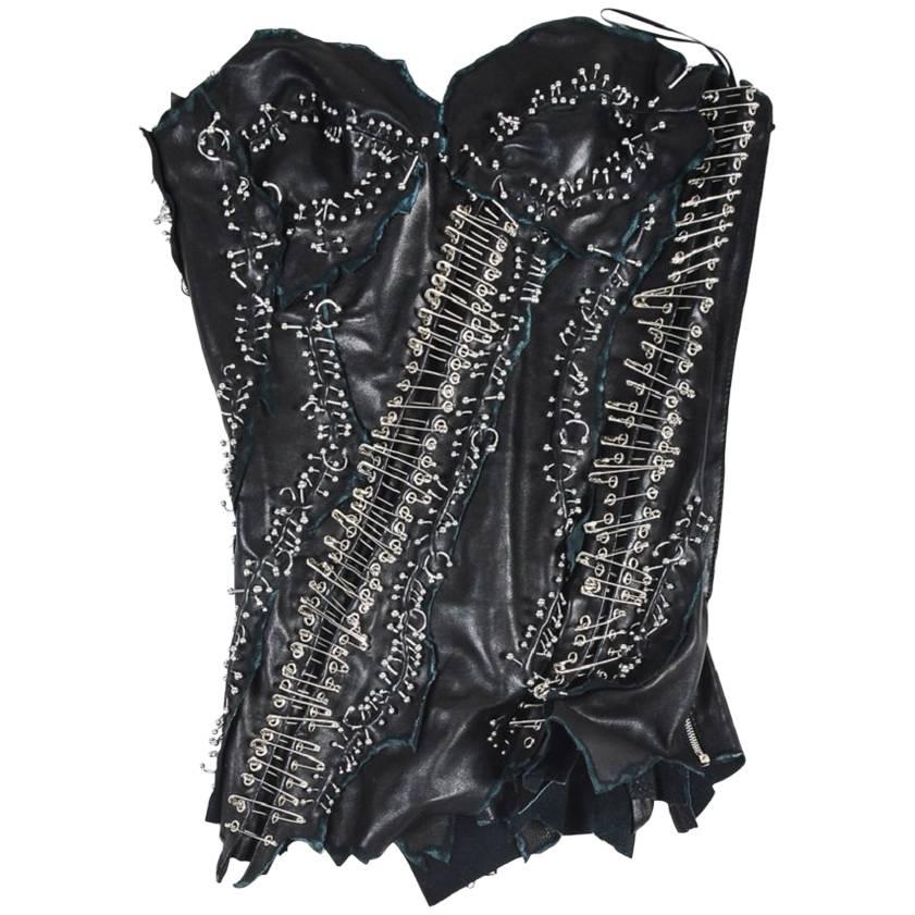 Balmain NWT SS11 Runway Black SHW Leather Safety Pin Sleeveless Corset Top SZ 36 For Sale
