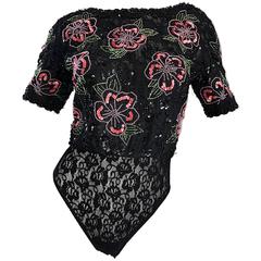 Bill Blass Vintage Black Lace Sequined and Beaded Flower 1990s Bodysuit Onesie 11