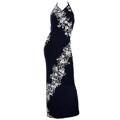 Retro Bob Mackie Black and White Beaded Flowers Asian Inspired Evening Gown