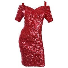 Lillie Rubin 1990s Sexy Vintage Red Sequin Off The Shoulder 90s Bodycon Dress