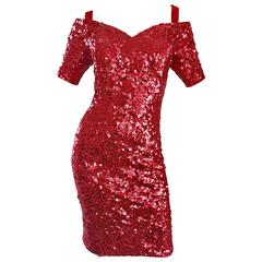 Lillie Rubin 1990s Sexy Vintage Red Sequin Off The Shoulder 90s Bodycon Dress 7