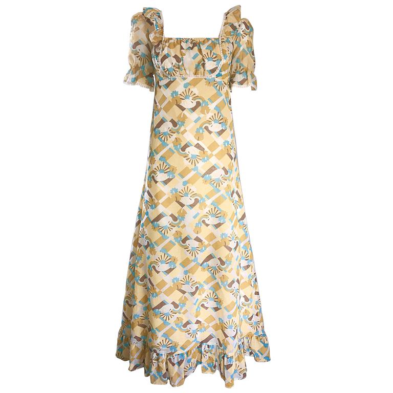 1970s Swan Print Novelty Cotton Boho Vintage 70s Blue and Yellow Maxi