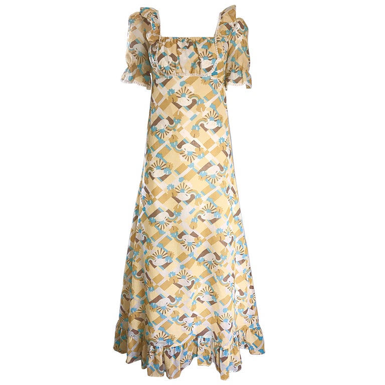 princess polly baby blue dress 1970s Swan Print Novelty Cotton Boho Vintage 70s Blue and Yellow Maxi Dress