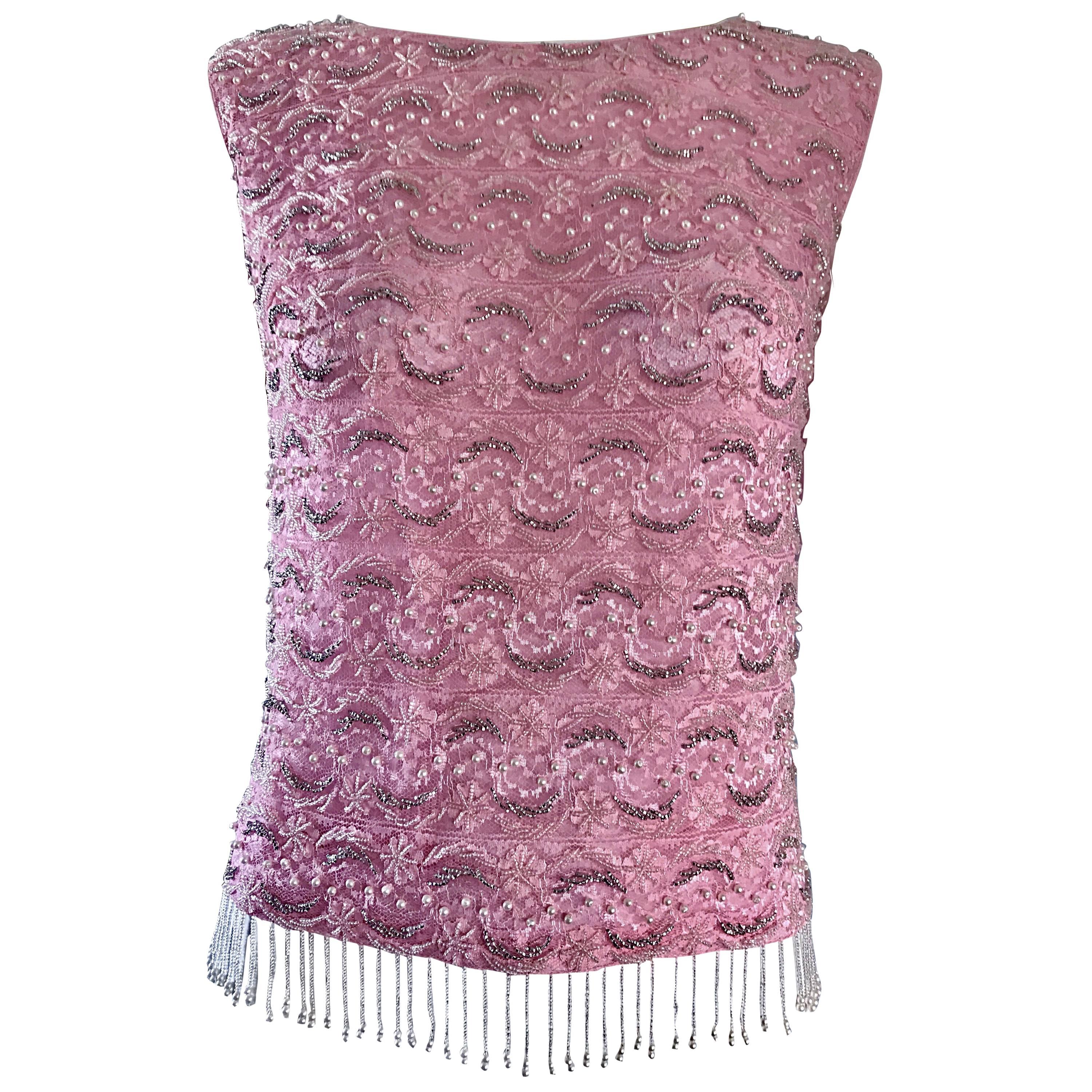 Chic 1960s Pink Beaded Sequin Harilela's Hong Kong Sleeveless Silk Vintage Top For Sale