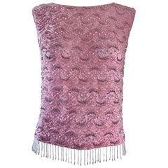 Chic 1960s Pink Beaded Sequin Harilela's Hong Kong Sleeveless Silk Retro Top