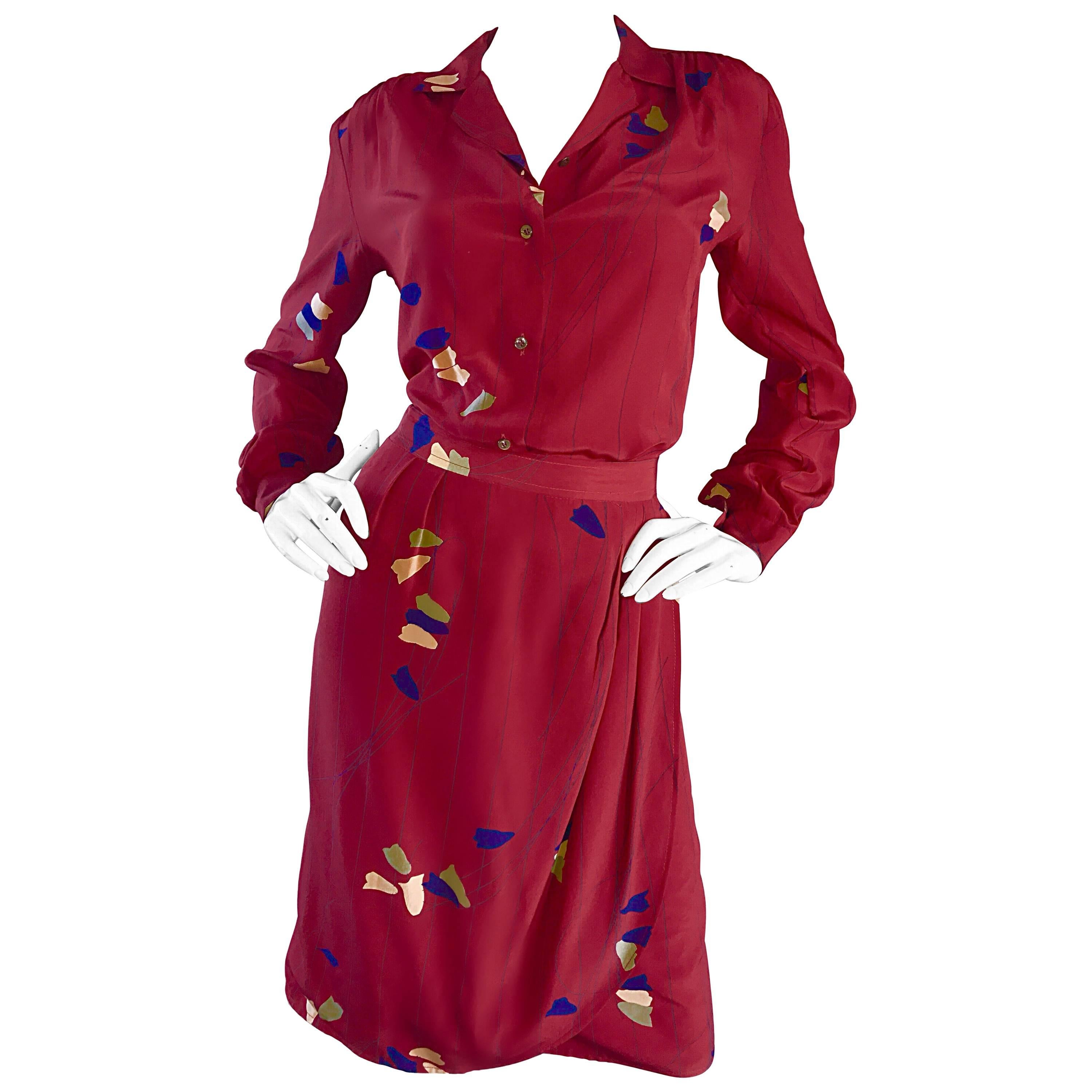 1970s Alan Austin Italian Red Silk Vintage Blouse and Skirt 70s Dress Ensemble For Sale