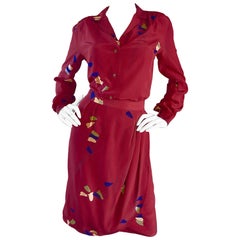 1970s Alan Austin Italian Red Silk Vintage Blouse and Skirt 70s Dress Ensemble