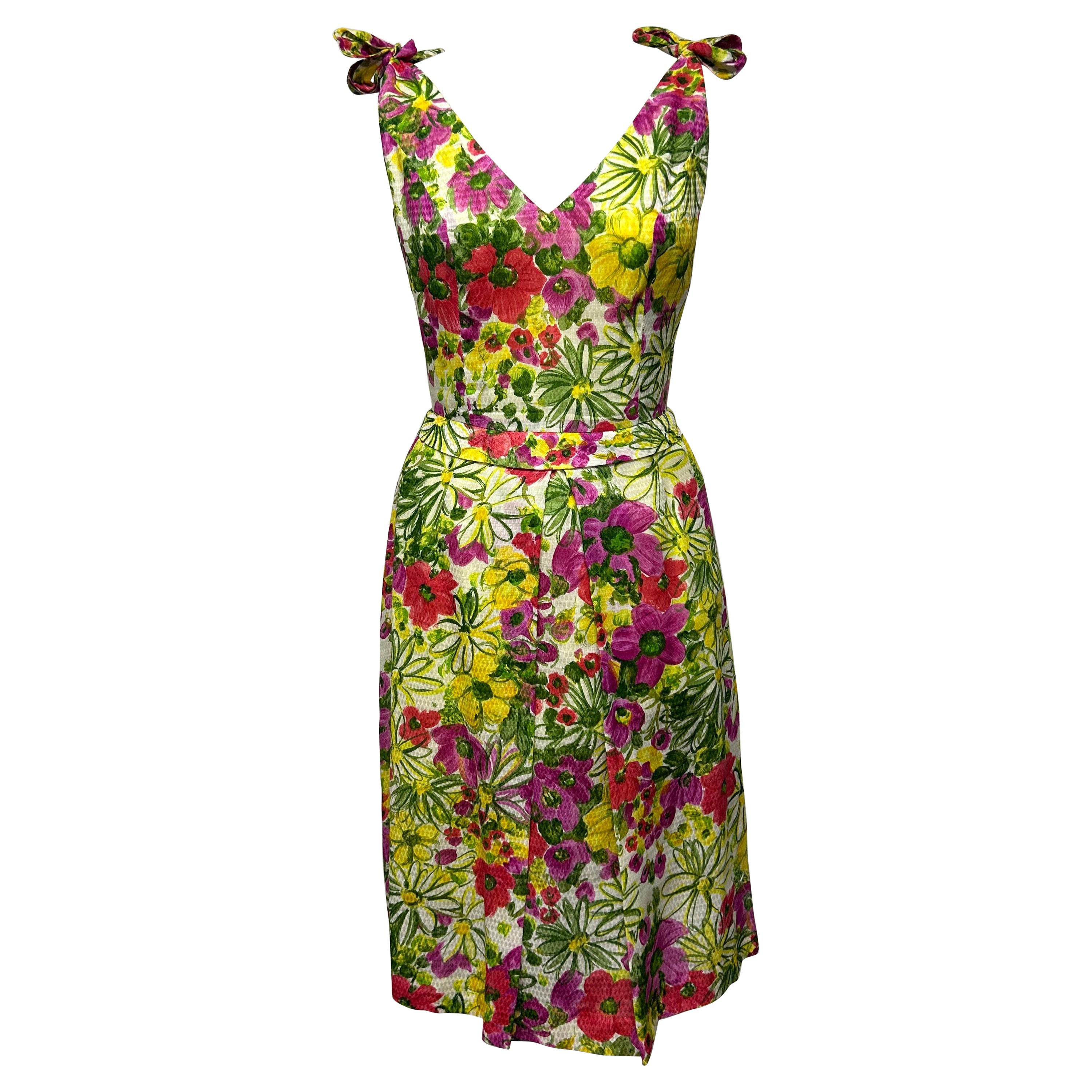 Brightly Colored Cotton Vintage Floral Shoulder-Tie V-Neck Fit-and-Flare Dress