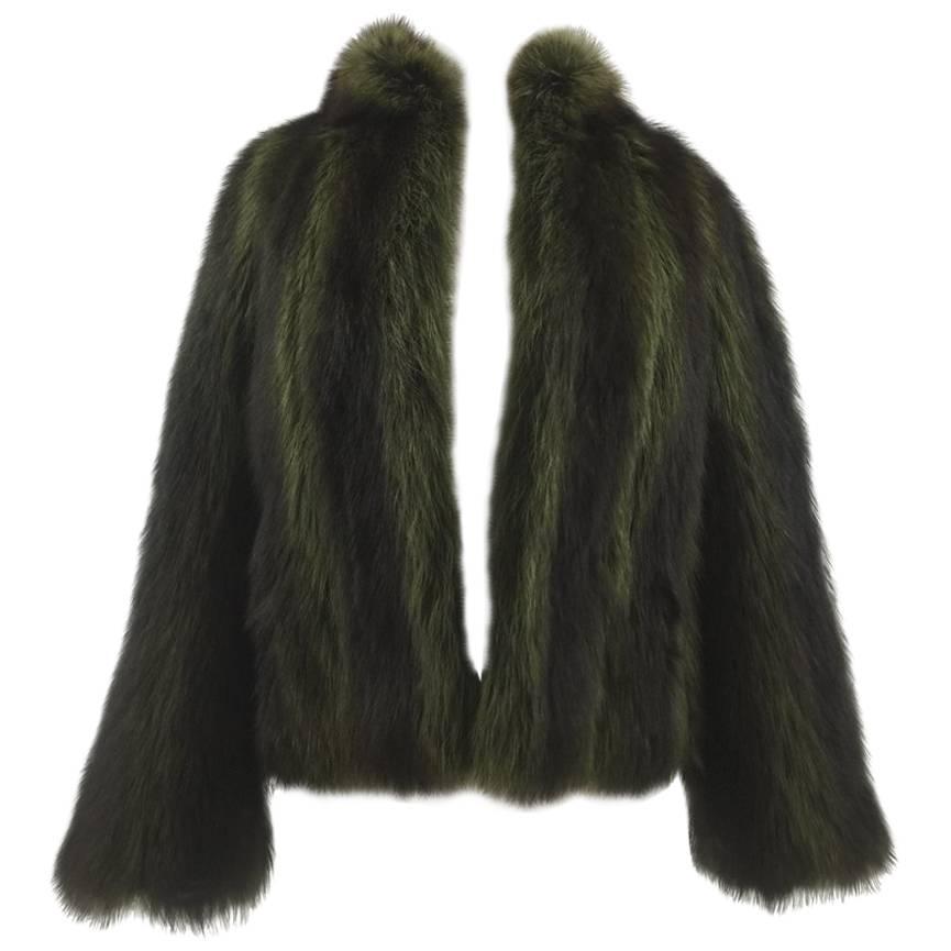 1970s Maxwell Crof Bespoke Après Ski Green Dyed Raccoon Fur Jacket For Sale