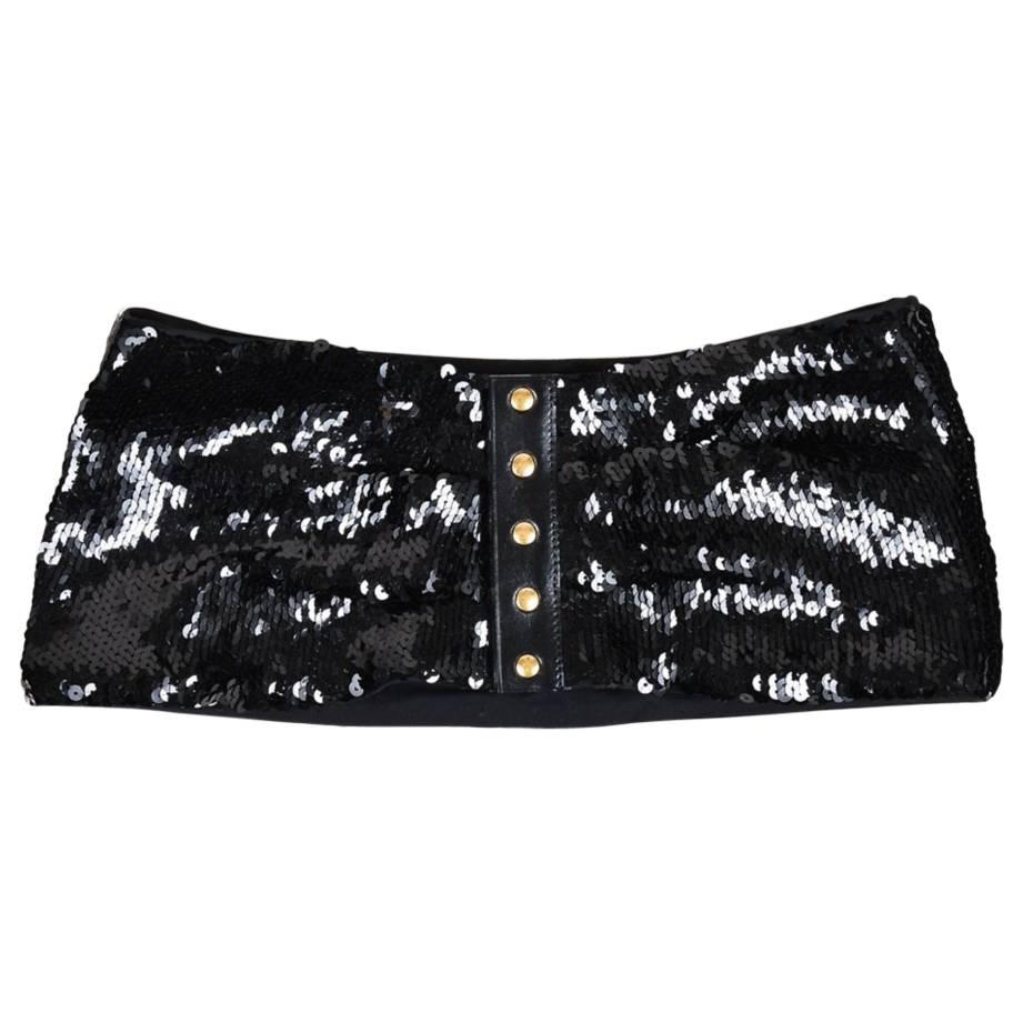 Louis Vuitton Runway Black GHW Sequin Leather Cinched Button Up Wide Belt For Sale