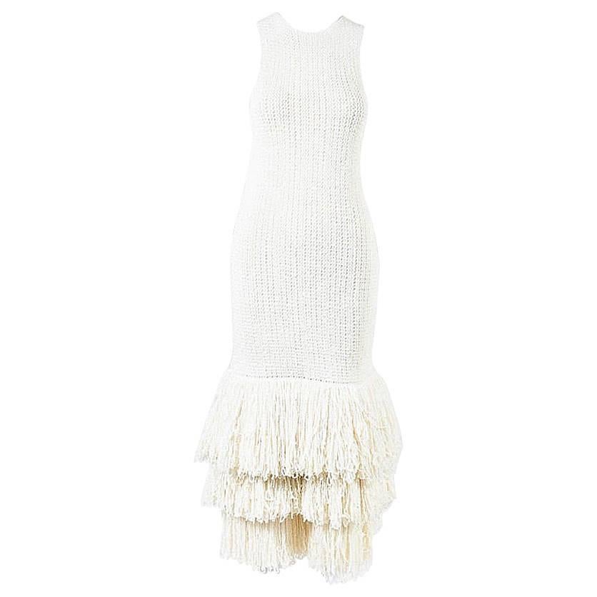 Celine RUNWAY 2015 Cream Silk Knit Tiered Fringe Sleeveless Midi Dress SZ S For Sale