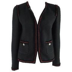 Chanel Black Wool Jacket with Red and Black Velvet Trim - 38