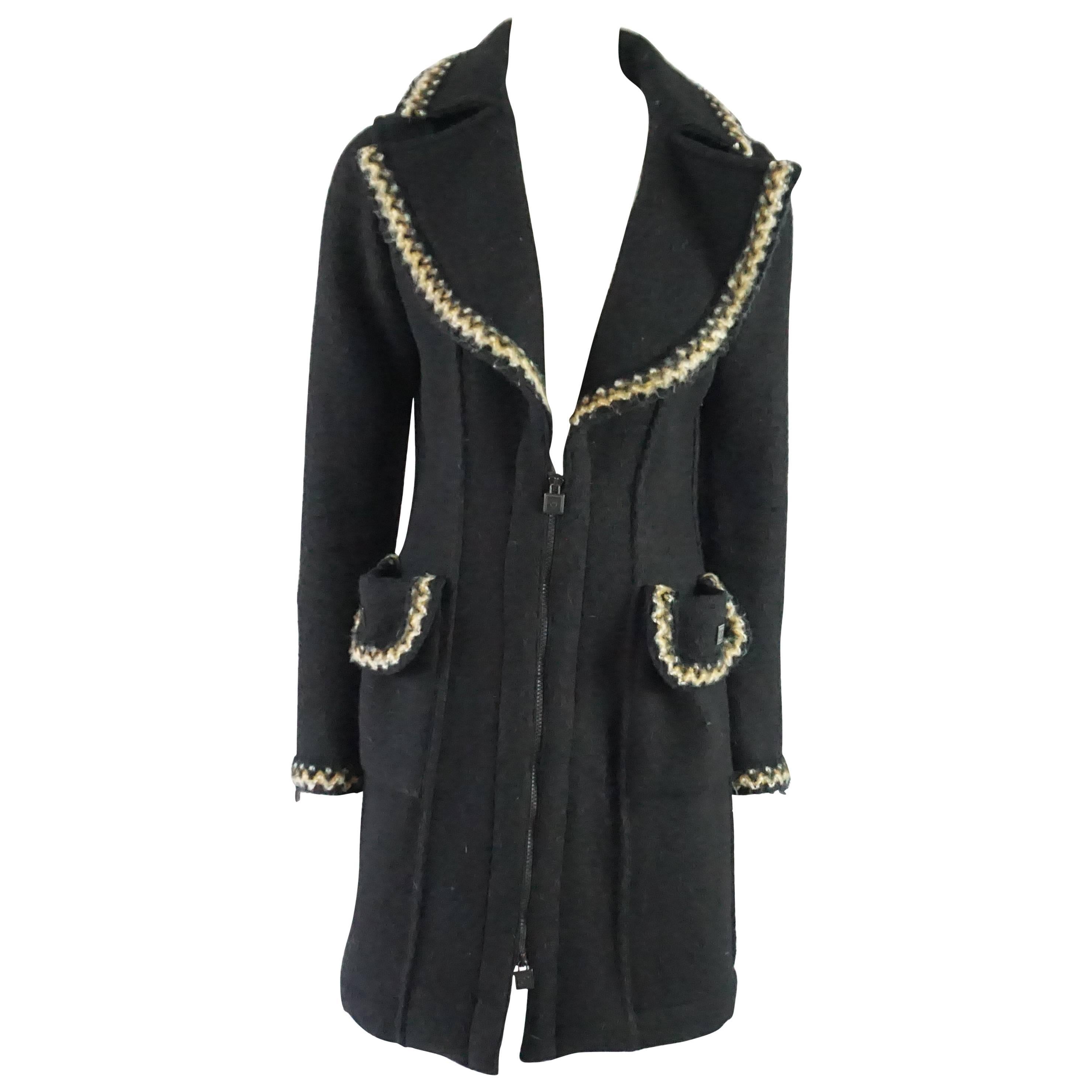 Chanel Black Wool Blend 3/4 Coat with Beige Trim - 36 