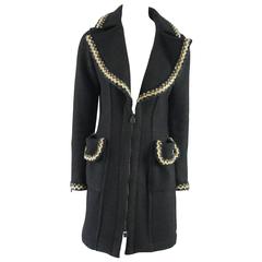 Chanel Black Wool Blend 3/4 Coat with Beige Trim - 36 7