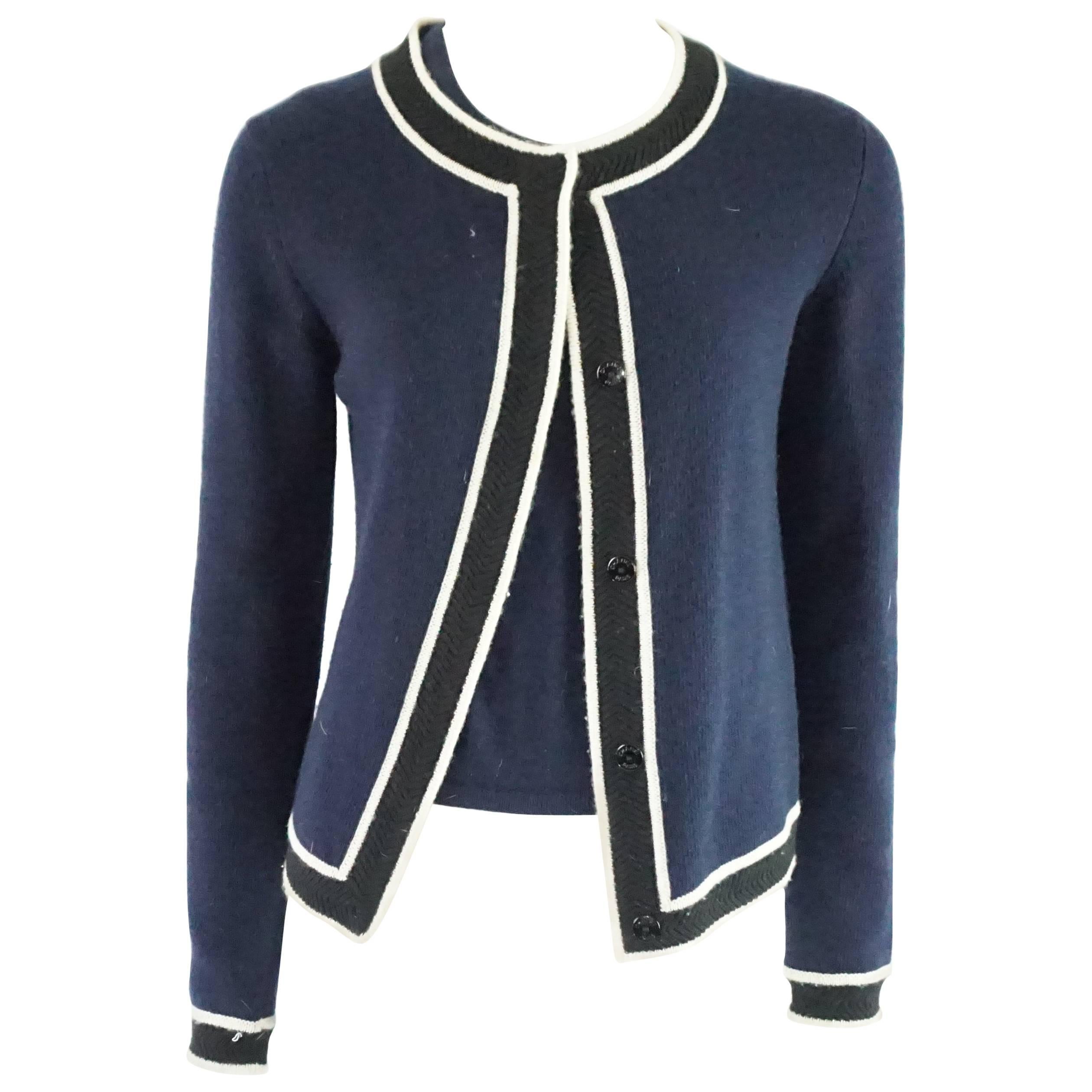 Chanel Navy Cashmere Sweater Set with Black and White Trim - 38