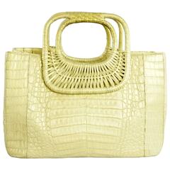Nancy Gonzalez Gold Crocodile Bag with Woven Wood Handles 9