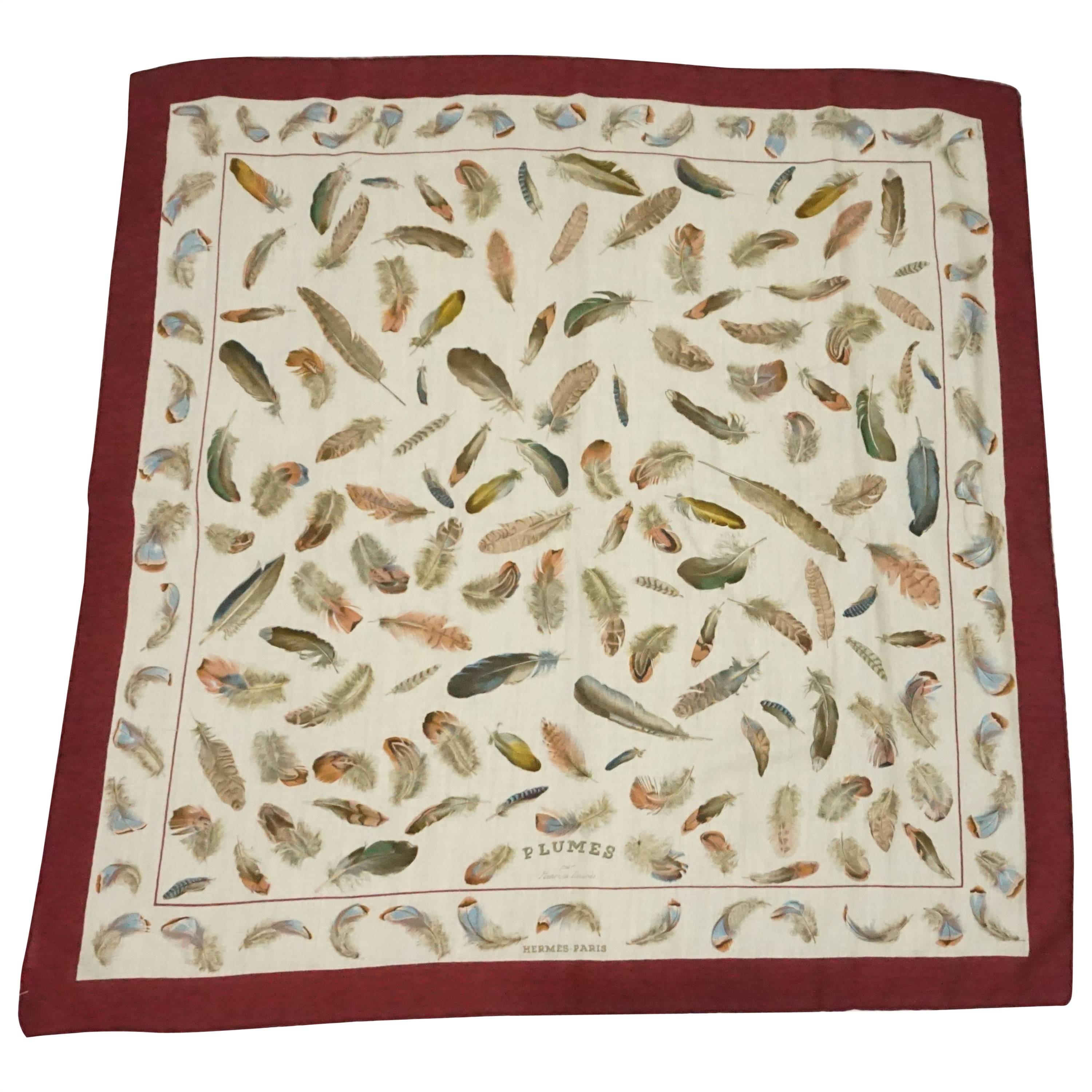 Hermes Burgundy and Tan "Plumes" Cashmere Silk Scarf