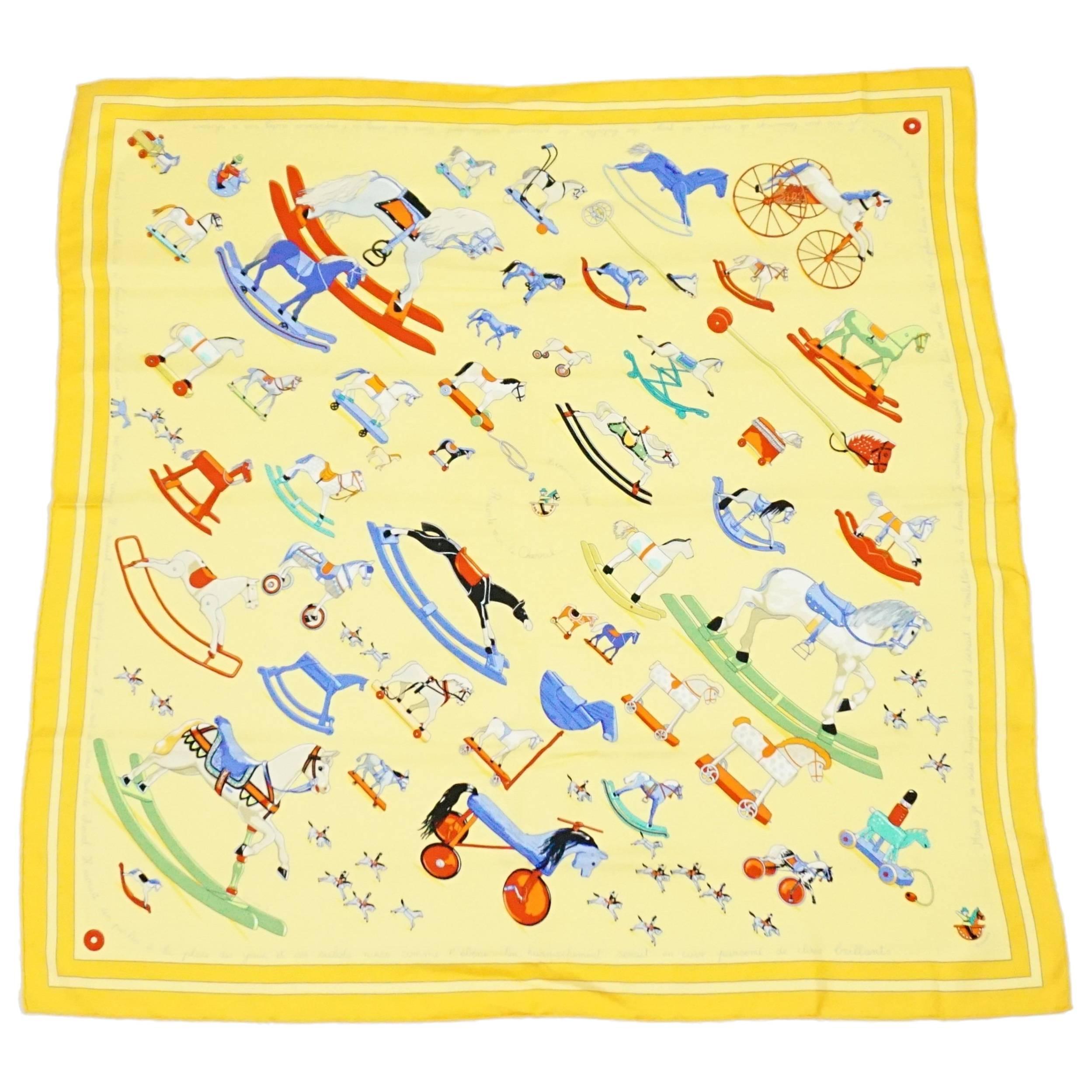 Hermes Yellow "Raconte-moi le Cheval..." Rocking Horse Print Scarf 