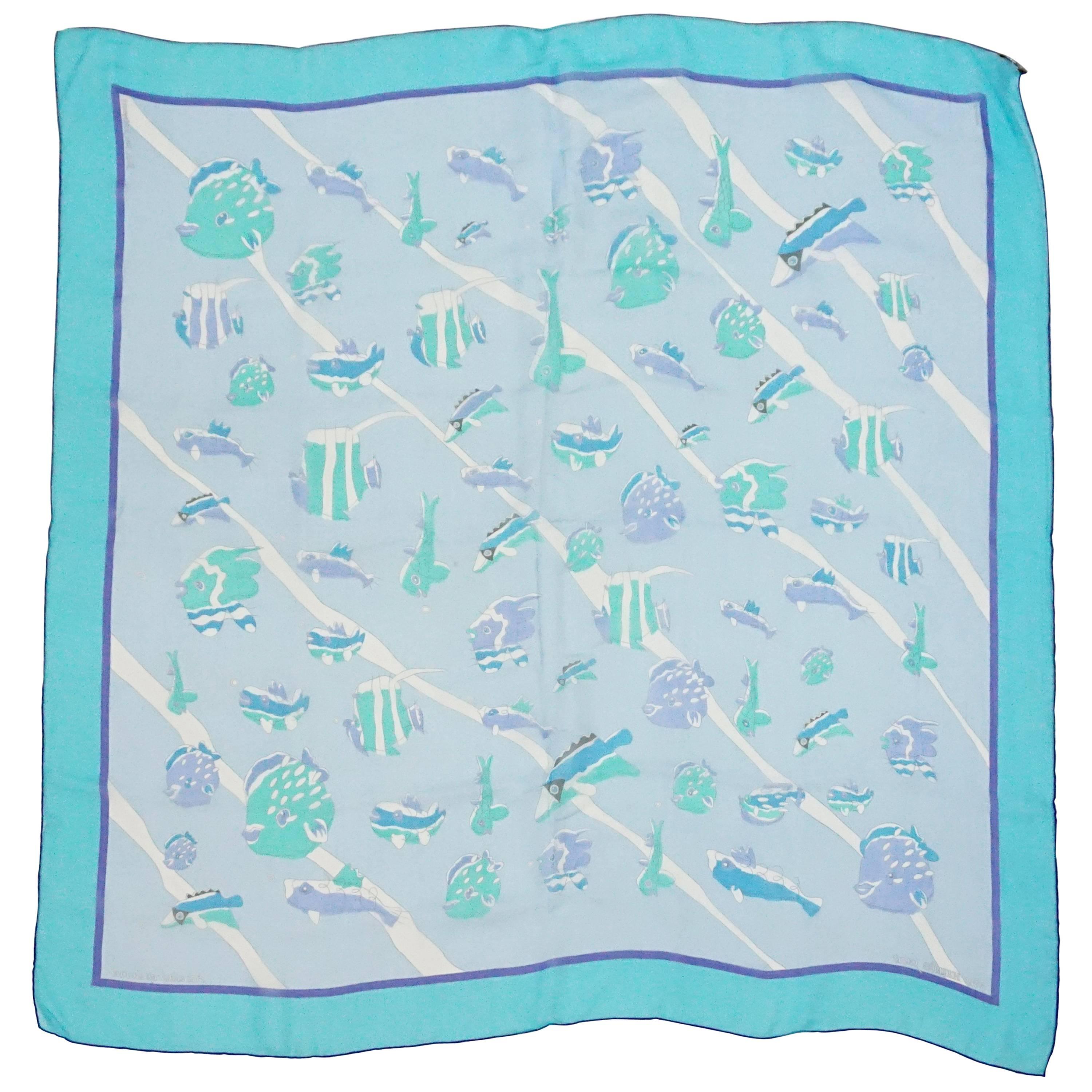 Hermes Blue and Aqua "Au clair de la mer" Silk Chiffon Fish Scarf