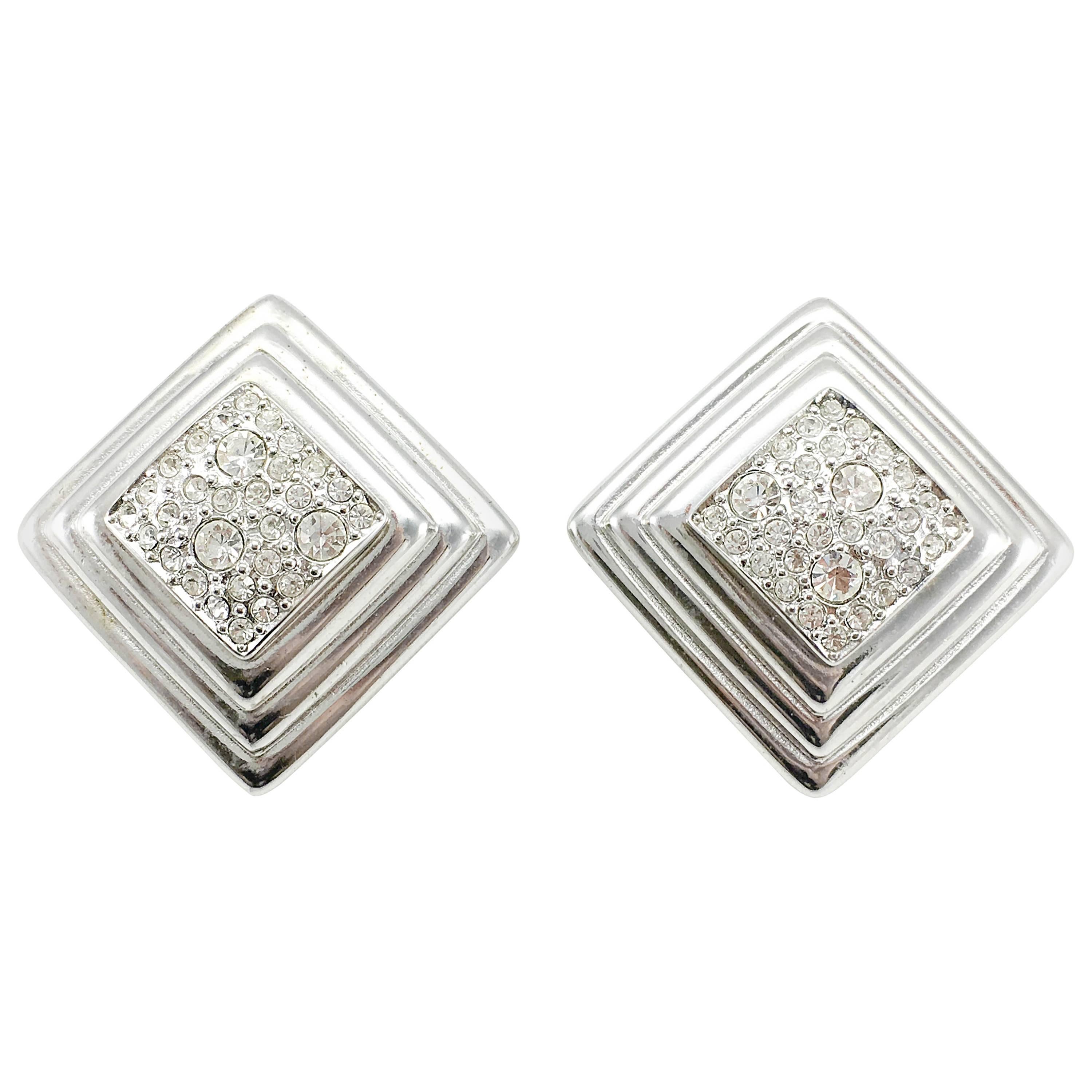 Dior Art Deco Style Diamanté Embellished Stepped Lozenge Earrings - 1980's