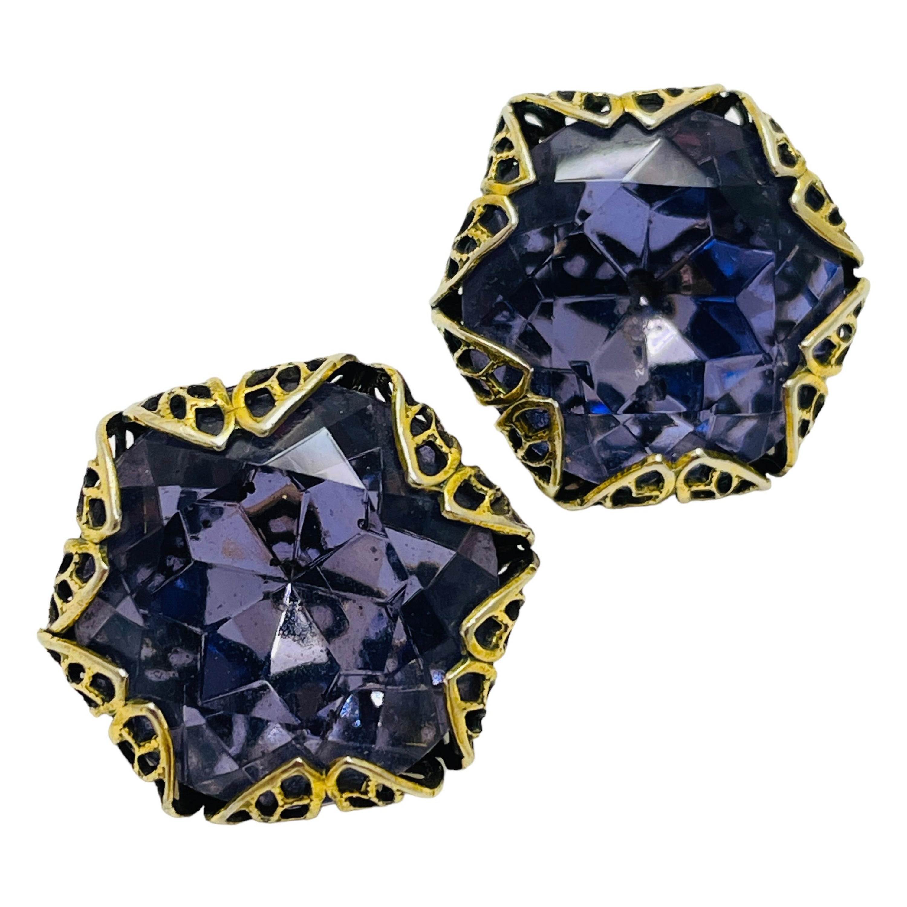 Vintage gold amethyst glass designer clip on earrings