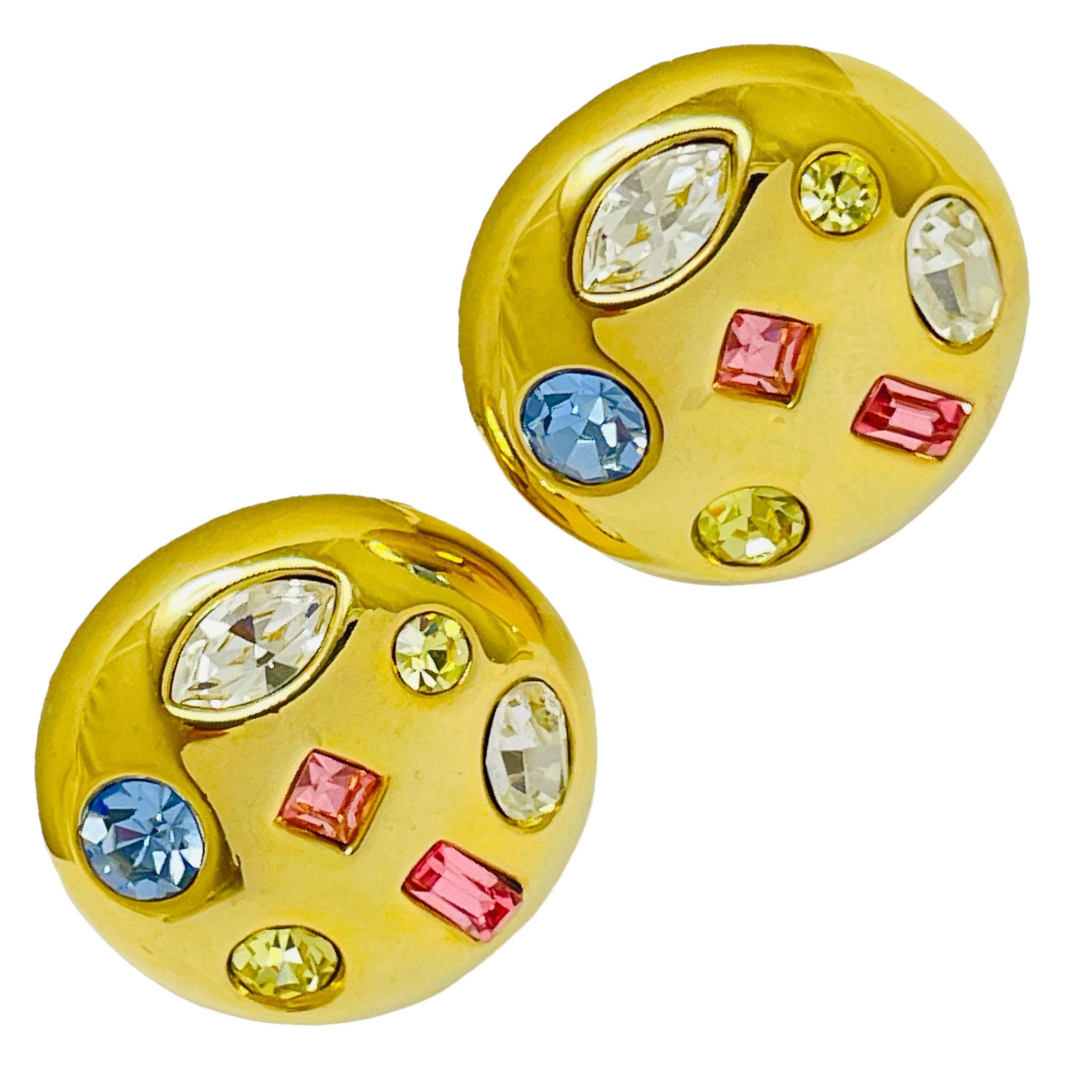 Vintage gold pink blue rhinestones designer clip on earrings For Sale