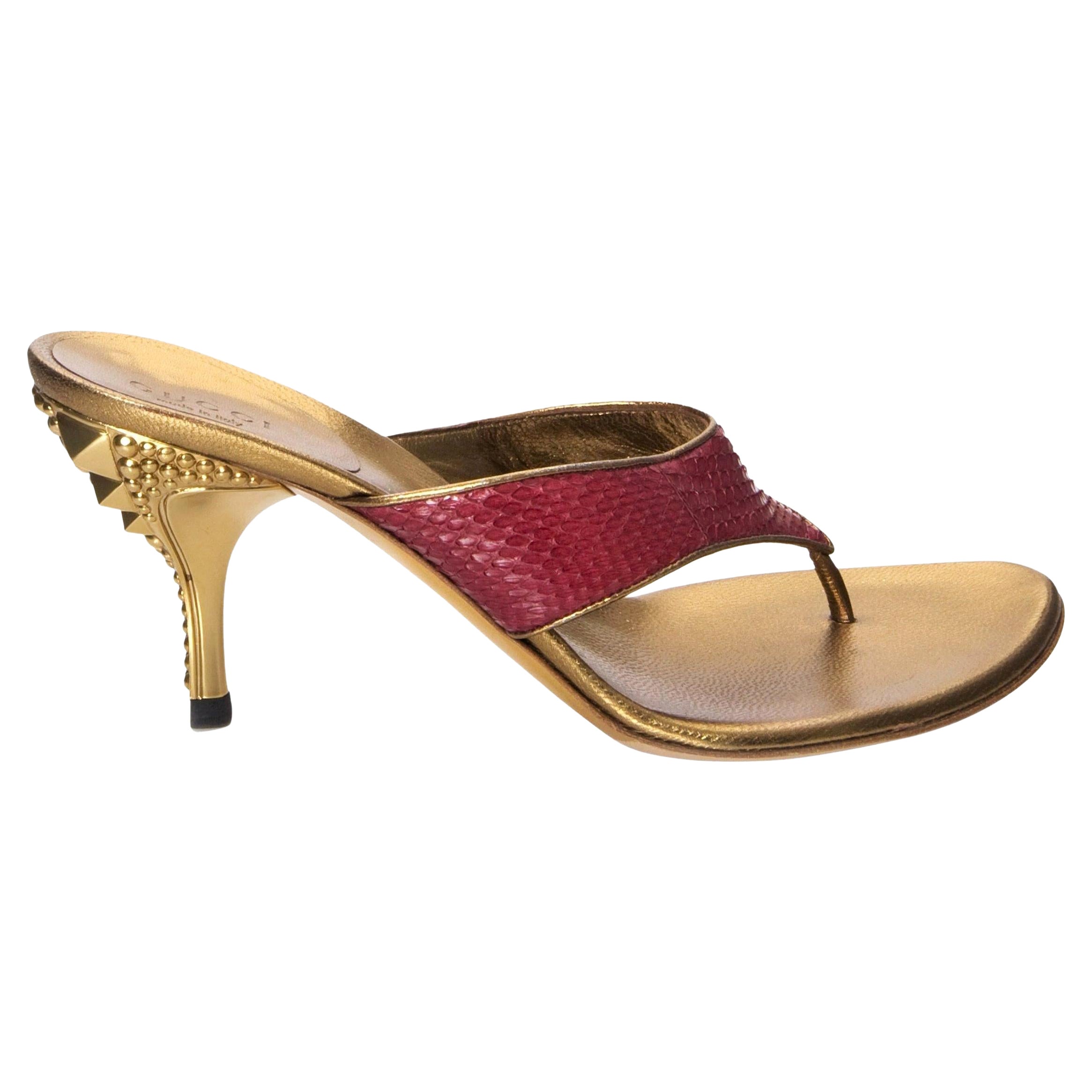 Nuovo Gucci Runway Python Snakeskin Gold Heel Mules Sz 6.5