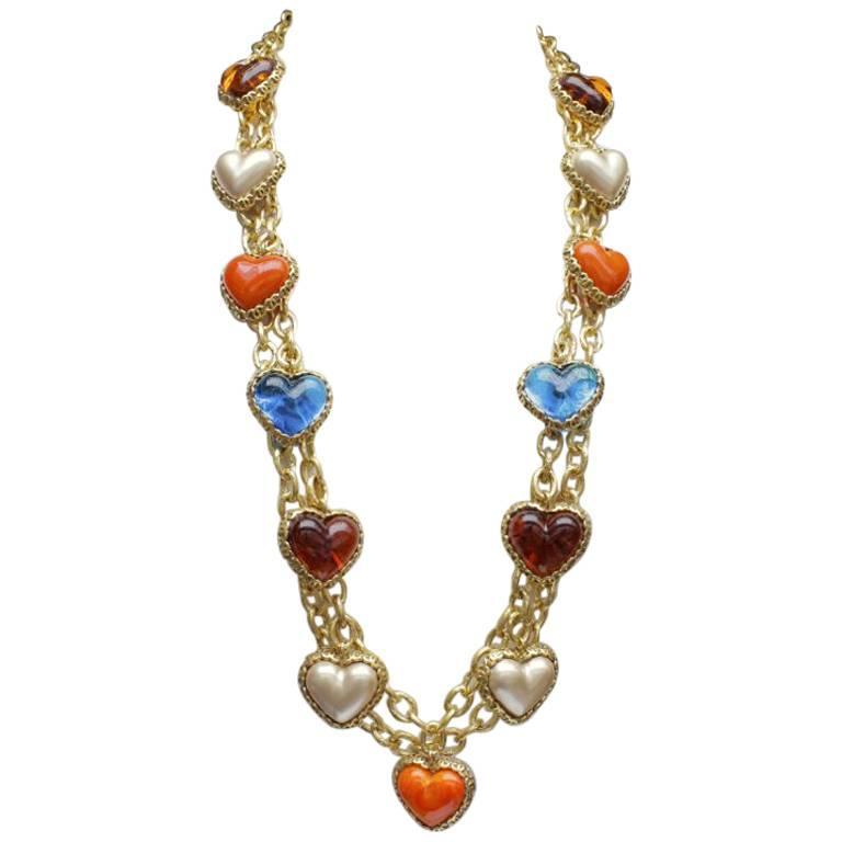 Early 1990s Chanel Colored Glass Hearts Necklace at 1stDibs