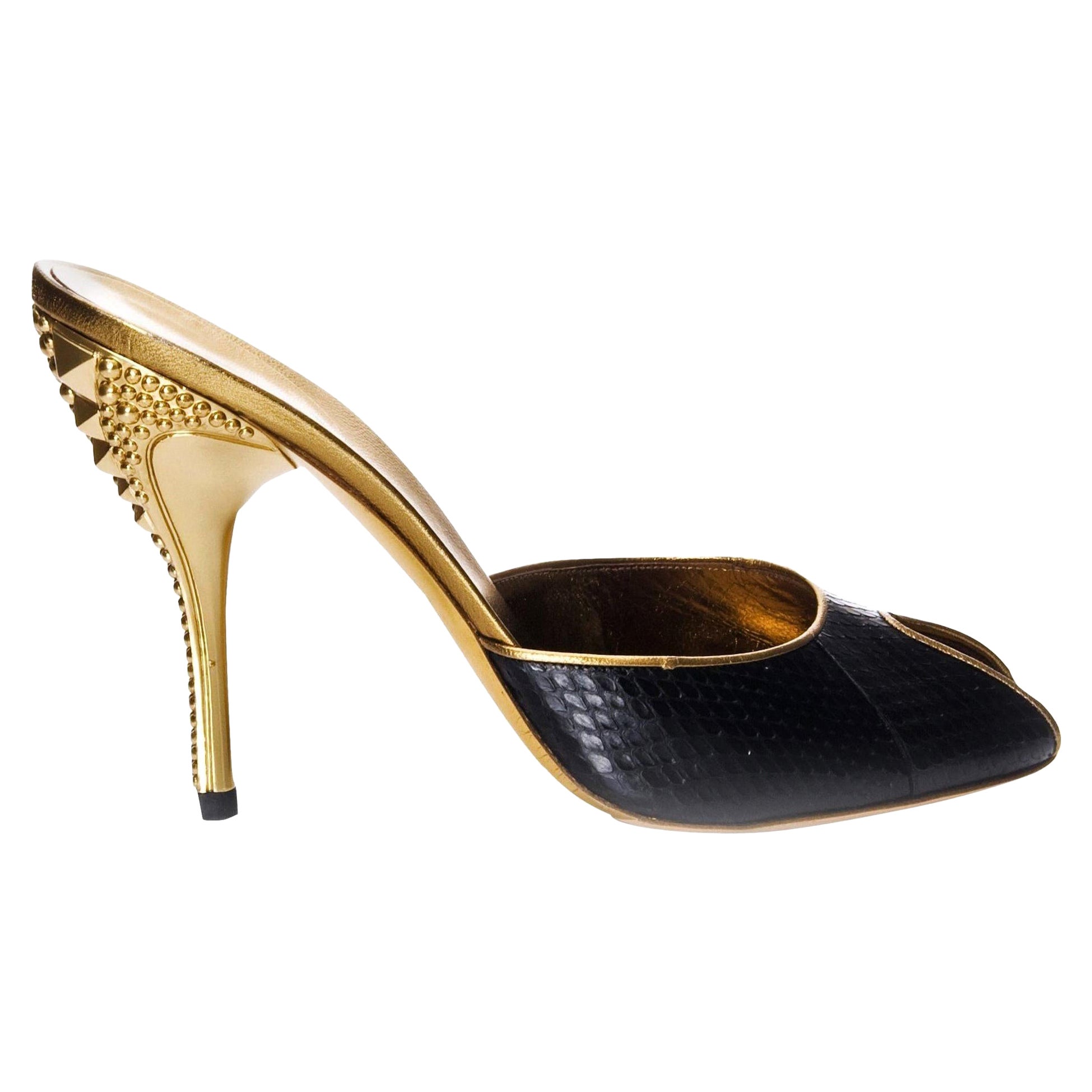 New Gucci Runway Python Gold Heeled Mules Sz 9.5 in vendita