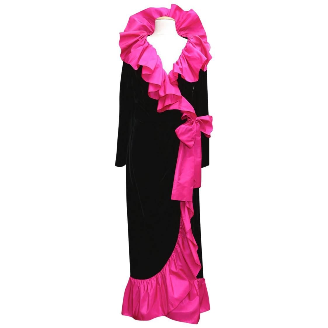 1980s Yves Saint Laurent Wrapping Dress in Black Velvet and Pink Ruffles