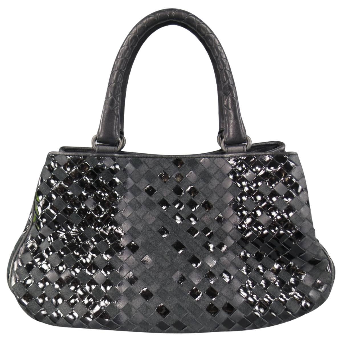 BOTTEGA VENETA Black Leather Suede & Patent Intrecciato Handbag