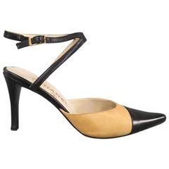 CHANEL Size 7.5 Black & Beige Leather Pointed Cap Toe Ankle Harness Strap Pumps