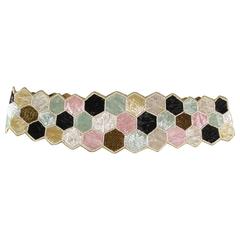 Vintage MATTHEW WILLIAMSON M Beige Black Mint Gold & Pink Beaded Leather Belt