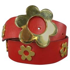 Vintage MOSCHINO Cheap & Chic 10 Red Leather Gold Flower Studs Belt