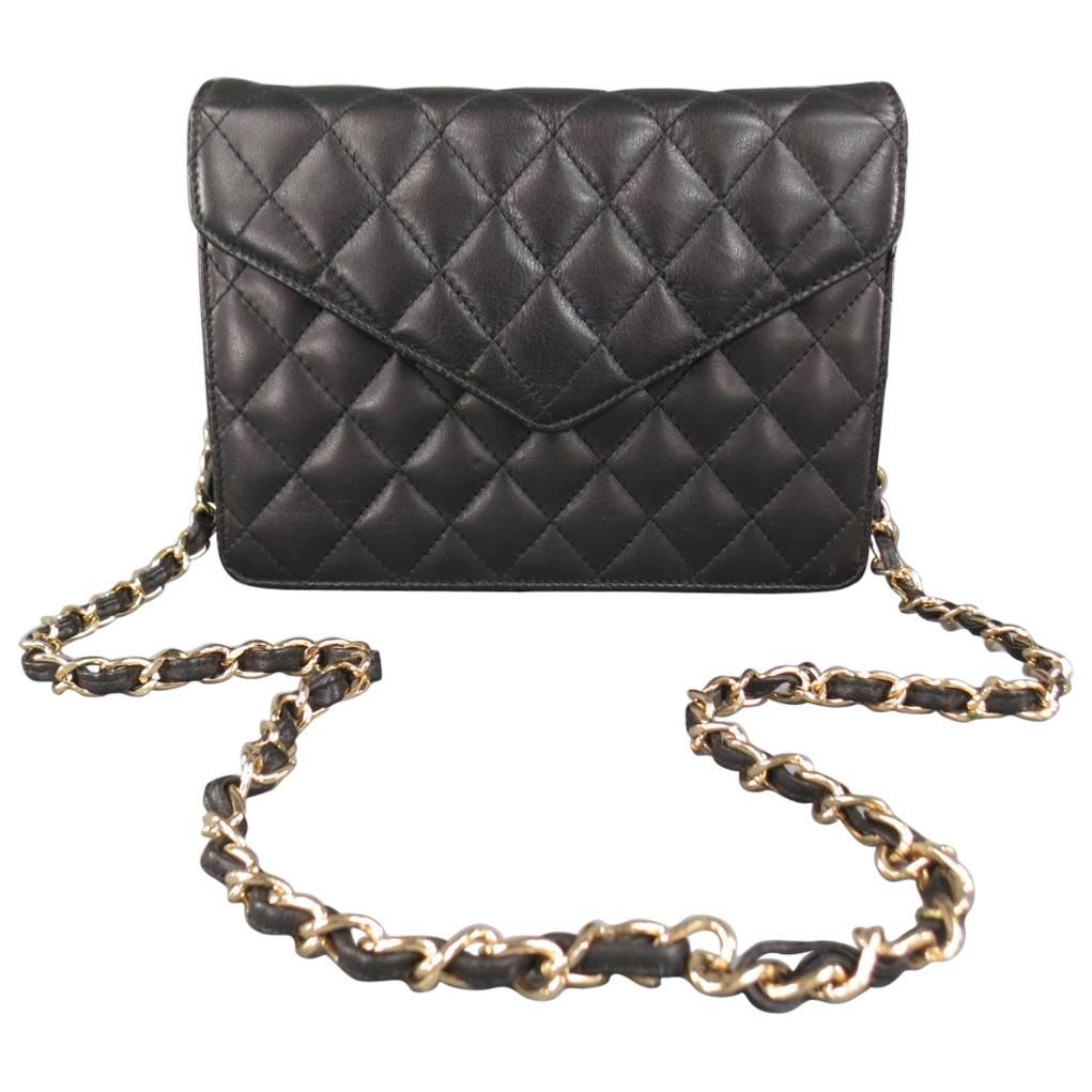 Vintage I.MAGNIN Black Quilted Leather Gold Woven Chain Strap Shoulder Bag