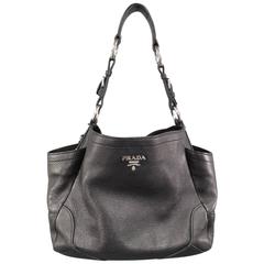 PRADA Black Pebbled Leather Silver Hoop Logo Shoulder Bag