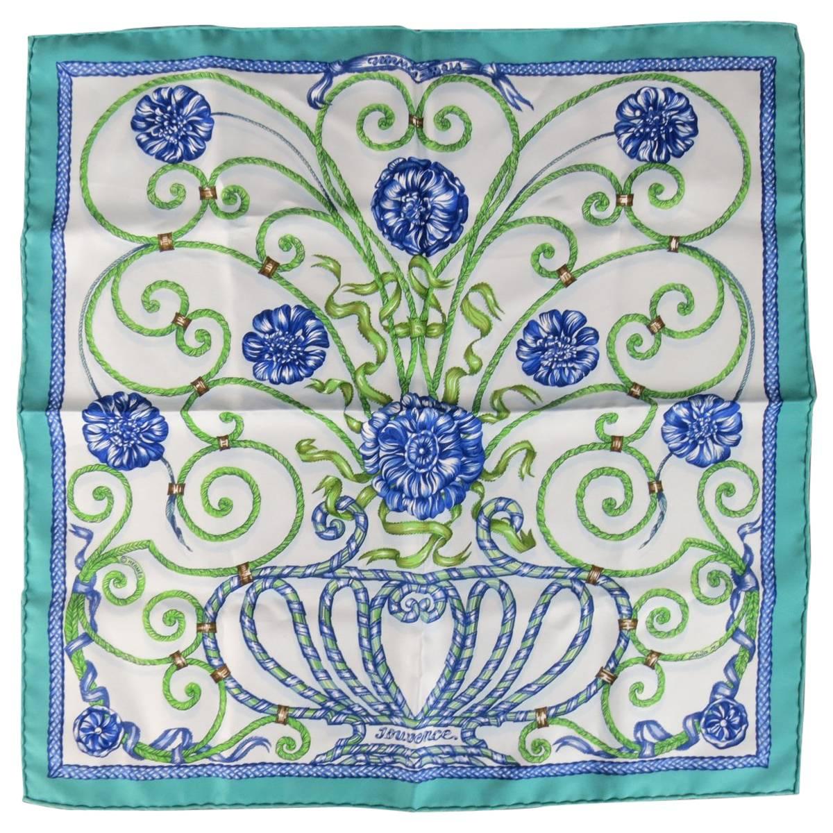 HERMES Turquoise & Navy 'Jouvence' Floral Silk Pocket Square