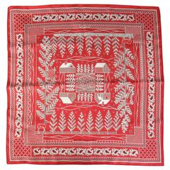 HERMES Red Silk 'In The Mountains' Bandana Print Scarf