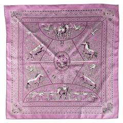 HERMES 'Entre Ciel et Mer' Lavender Violet Heart Animal Bandana Print Silk Scarf