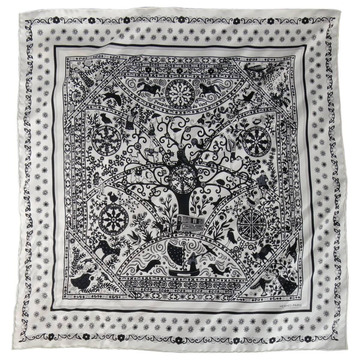 HERMES 'Peuple du Vent' White & Black Silk Twill Bandana Scarf