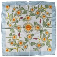 HERMES 'Tourne Sols' Light Blue Sunflower Print Silk Pocket Square