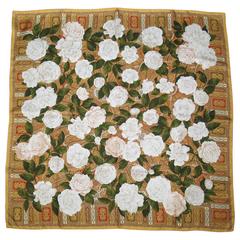 CHANEL Gold Paisey Cream Camellia Print Silk Scarf